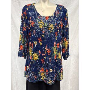Desheng Womens Multicolor Floral Lace Embellished Blouse Size L/XL 3/4 Sleeve